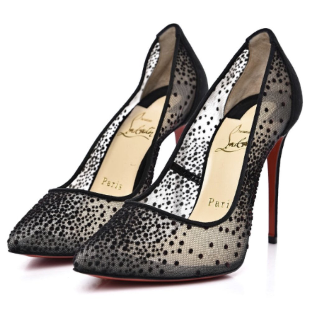 Christian Louboutin Follies Lace Plumeti Chiffon Suede 100 Pumps